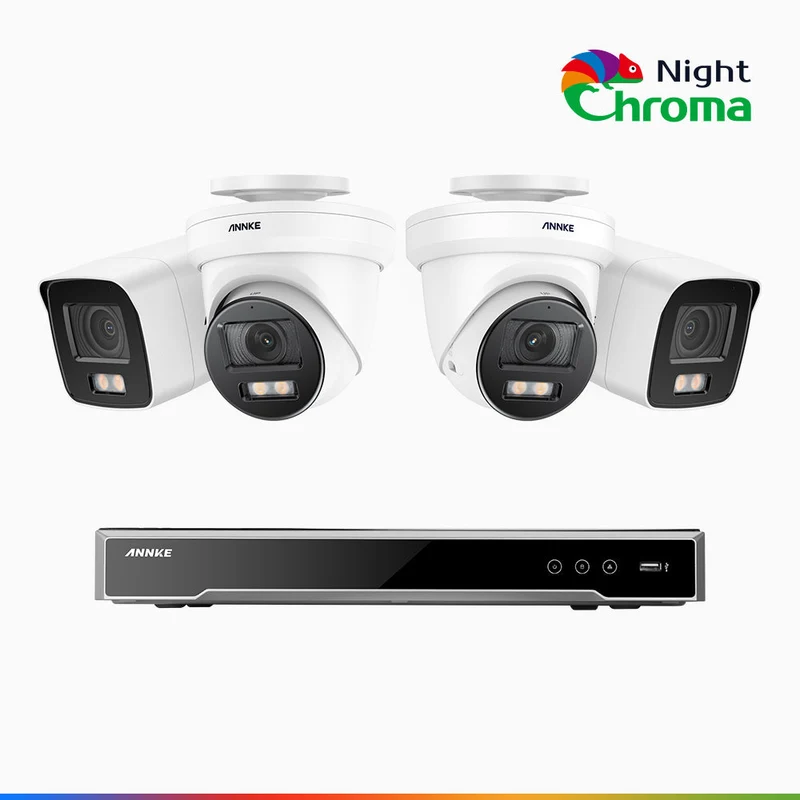 NightChroma TM NCK800 - Kit de surveillance PoE 4MP à 8 canaux avec 2 caméras bullet et 2 caméras tourelle, Vision nocturne couleur ultime, super ouverture f/1.0 (0,0005 Lux), Détection Personne-Véhicule, Analyse comportementale intelligente
