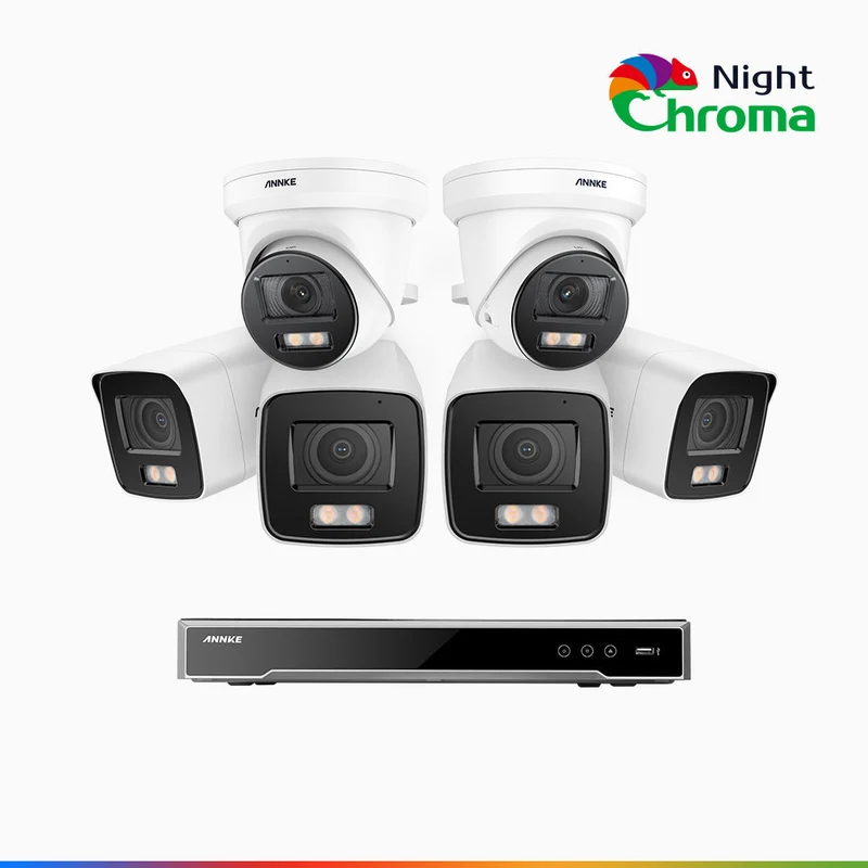 NightChroma TM NCK800 - Kit de surveillance PoE 4MP à 8 canaux avec 4 caméras bullet et 2 caméras tourelle, Vision nocturne couleur ultime, super ouverture f/1.0 (0,0005 Lux), Détection Personne-Véhicule, Analyse comportementale intelligente