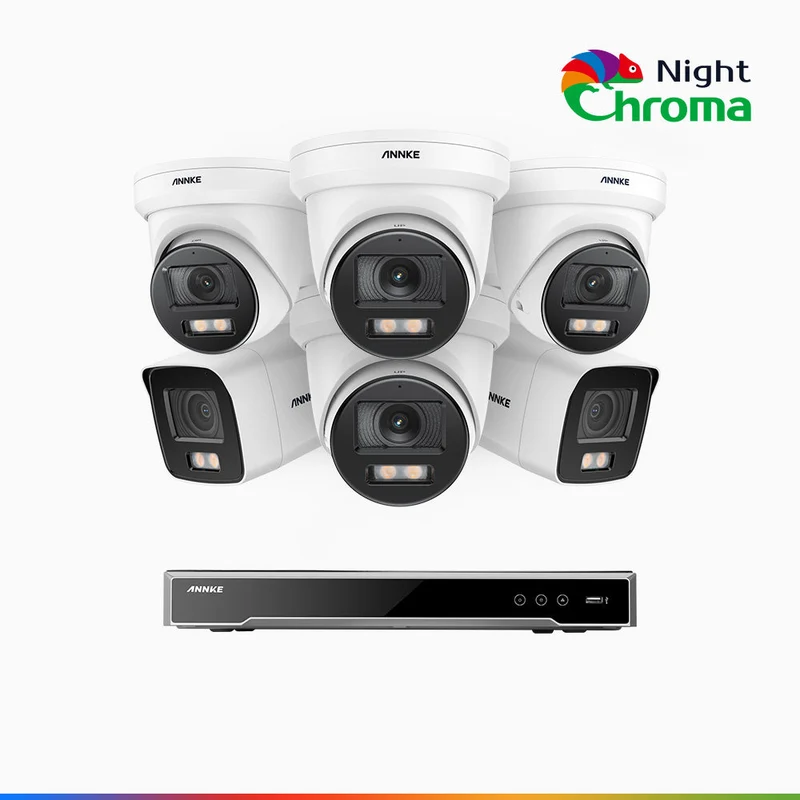 NightChroma TM NCK800 - Kit de surveillance PoE 4MP à 8 canaux avec 2 caméras bullet et 4 caméras tourelle, Vision nocturne couleur ultime, super ouverture f/1.0 (0,0005 Lux), Détection Personne-Véhicule, Analyse comportementale intelligente