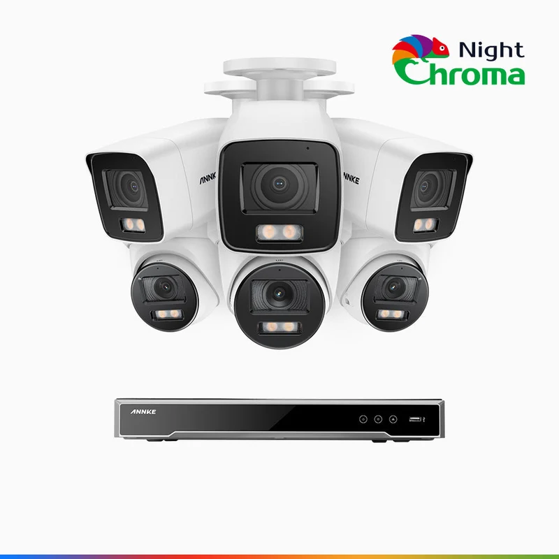 NightChroma TM NCK800 - Kit de surveillance PoE 4MP à 8 canaux avec 3 caméras bullet et 3 caméras tourelle, Vision nocturne couleur ultime, super ouverture f/1.0 (0,0005 Lux), Détection Personne-Véhicule, Analyse comportementale intelligente