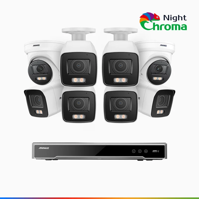 NightChroma TM NCK800 - Kit de surveillance PoE 4MP à 8 canaux avec 6 caméras bullet et 2 caméras tourelle, Vision nocturne couleur ultime, super ouverture f/1.0 (0,0005 Lux), Détection Personne-Véhicule, Analyse comportementale intelligente