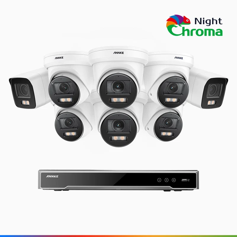 NightChroma TM NCK800 - Kit de surveillance PoE 4MP à 8 canaux avec 2 caméras bullet et 6 caméras tourelle, Vision nocturne couleur ultime, super ouverture f/1.0 (0,0005 Lux), Détection Personne-Véhicule, Analyse comportementale intelligente