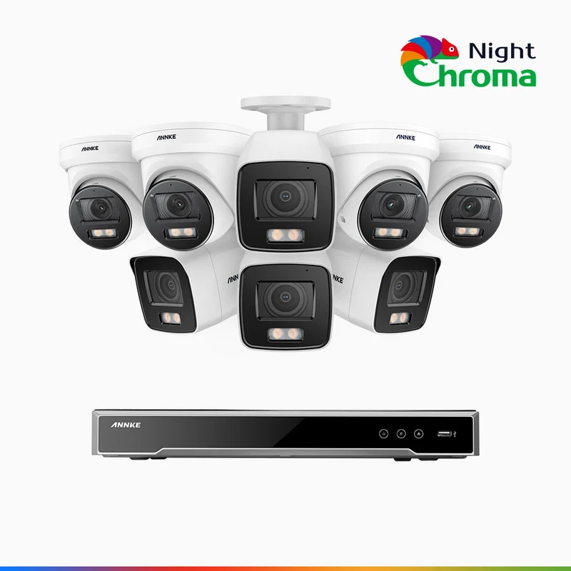 NightChroma TM NCK800 - Kit de surveillance PoE 4MP à 8 canaux avec 4 caméras bullet et 4 caméras tourelle, Vision nocturne couleur ultime, super ouverture f/1.0 (0,0005 Lux), Détection Personne-Véhicule, Analyse comportementale intelligente