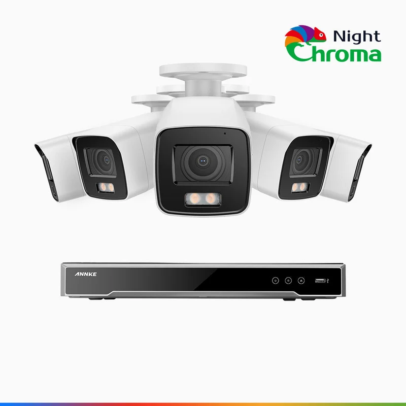 NightChroma TM NCK800 - Kit de surveillance PoE 4K à 8 canaux avec 5 caméras, Vision nocturne couleur ultime, super ouverture f/1.0 (0,0005 Lux), Détection Personne-Véhicule, Analyse comportementale intelligente, Microphone intégré