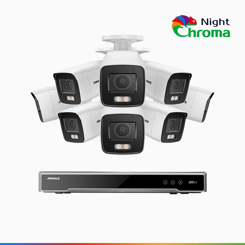 NightChroma TM NCK800 - Kit de surveillance PoE 4K à 8 canaux avec 8 caméras, Vision nocturne couleur ultime, super ouverture f/1.0 (0,0005 Lux), Détection Personne-Véhicule, Analyse comportementale intelligente, Microphone intégré