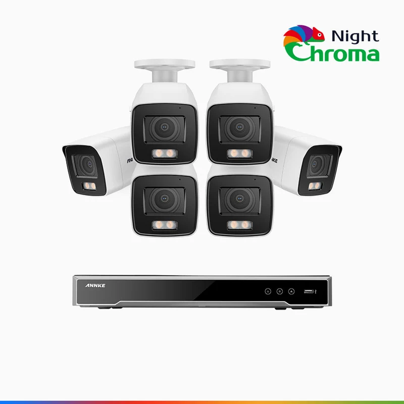 NightChroma TM NCK800 - Kit de surveillance PoE 4K à 8 canaux avec 6 caméras, Vision nocturne couleur ultime, super ouverture f/1.0 (0,0005 Lux), Détection Personne-Véhicule, Analyse comportementale intelligente, Microphone intégré