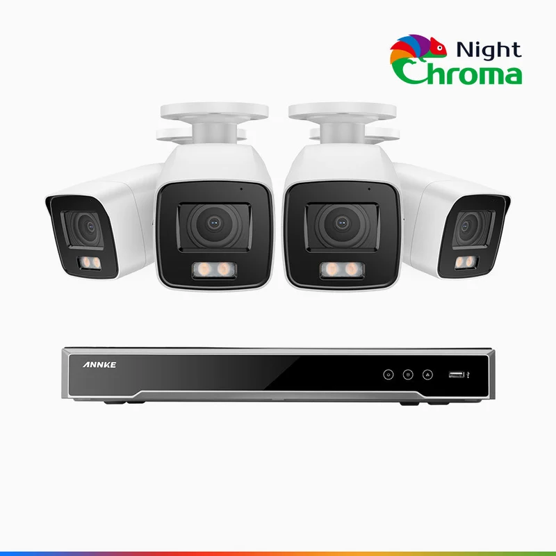 NightChroma TM NCK800 - Kit de surveillance PoE 4K à 8 canaux avec 4 caméras, Vision nocturne couleur ultime, super ouverture f/1.0 (0,0005 Lux), Détection Personne-Véhicule, Analyse comportementale intelligente, Microphone intégré