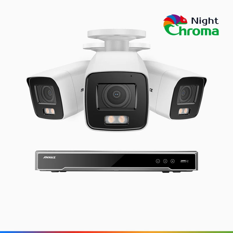 NightChroma TM NCK800 - Kit de surveillance PoE 4K à 8 canaux avec 3 caméras, Vision nocturne couleur ultime, super ouverture f/1.0 (0,0005 Lux), Détection Personne-Véhicule, Analyse comportementale intelligente, Microphone intégré