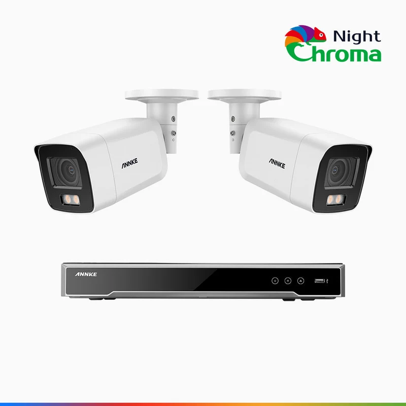 NightChroma TM NCK800 - Kit de surveillance PoE 4K à 8 canaux avec 2 caméras, Vision nocturne couleur ultime, super ouverture f/1.0 (0,0005 Lux), Détection Personne-Véhicule, Analyse comportementale intelligente, Microphone intégré
