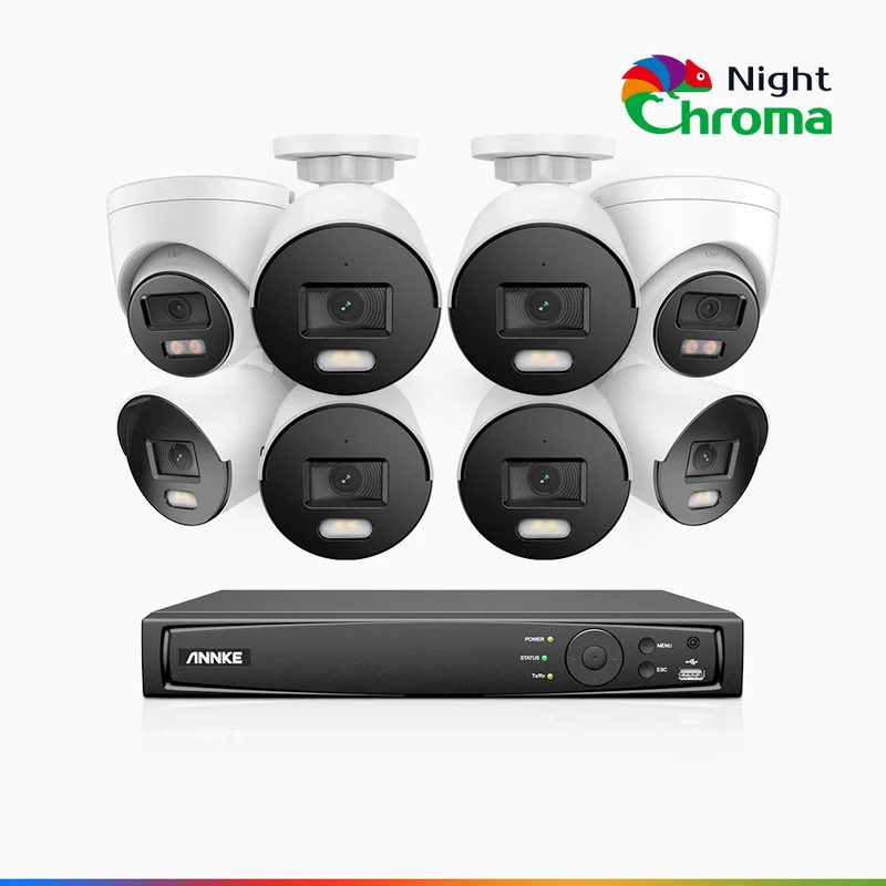 NightChroma TM NCK500 - Kit de surveillance PoE 3K à 8 canaux avec 6 caméras bullet et 2 caméras tourelle, vision nocturne polychrome, f/1.0 Super ouverture (0,001 Lux), Alignement actif, Microphone intégré, Fente pour carte SD