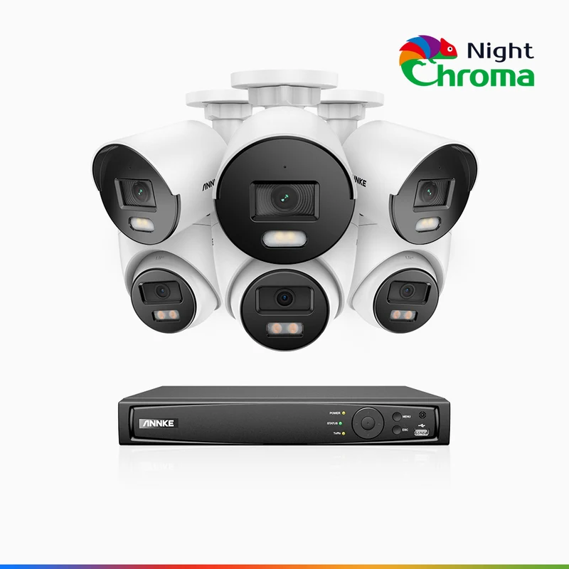 NightChroma TM NCK500 - Kit de surveillance PoE 3K à 8 canaux avec 3 caméras bullet et 3 caméras tourelle, vision nocturne polychrome, f/1.0 Super ouverture (0,001 Lux), Alignement actif, Microphone intégré, Fente pour carte SD