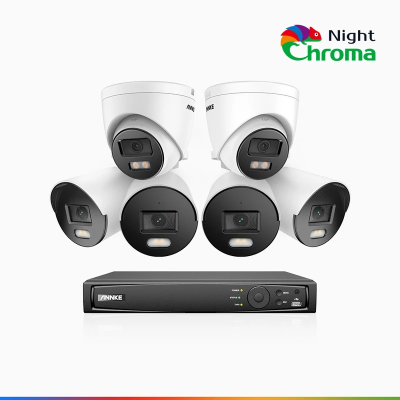 NightChroma TM NCK500 - Kit de surveillance PoE 3K à 8 canaux avec 4 caméras bullet et 2 caméras tourelle, vision nocturne polychrome, f/1.0 Super ouverture (0,001 Lux), Alignement actif, Microphone intégré, Fente pour carte SD