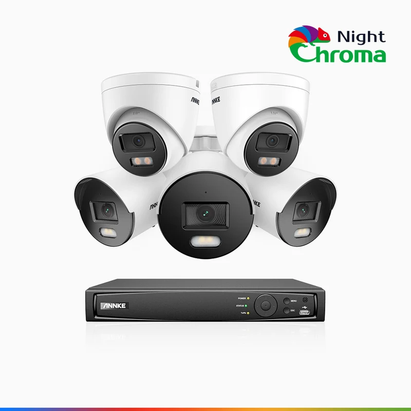 NightChroma TM NCK500 - Kit de surveillance PoE 3K à 8 canaux avec 3 caméras bullet et 2 caméras tourelle, vision nocturne polychrome, f/1.0 Super ouverture (0,001 Lux), Alignement actif, Microphone intégré, Fente pour carte SD