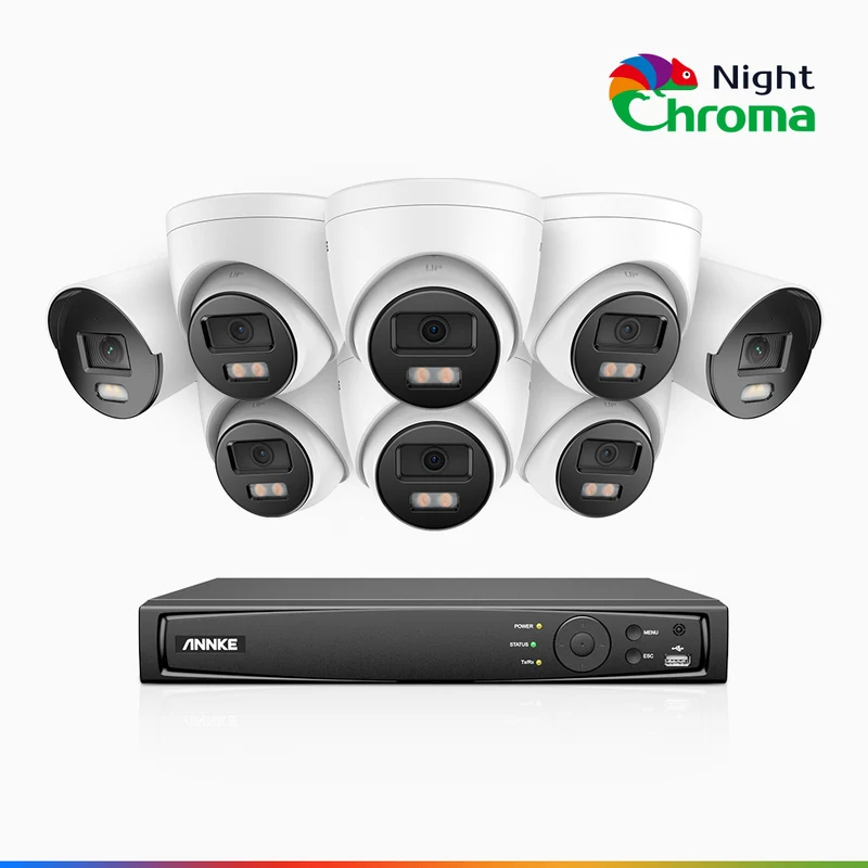 NightChroma TM NCK500 - Kit de surveillance PoE 3K à 8 canaux avec 2 caméras bullet et 6 caméras tourelle, vision nocturne polychrome, f/1.0 Super ouverture (0,001 Lux), Alignement actif, Microphone intégré, Fente pour carte SD