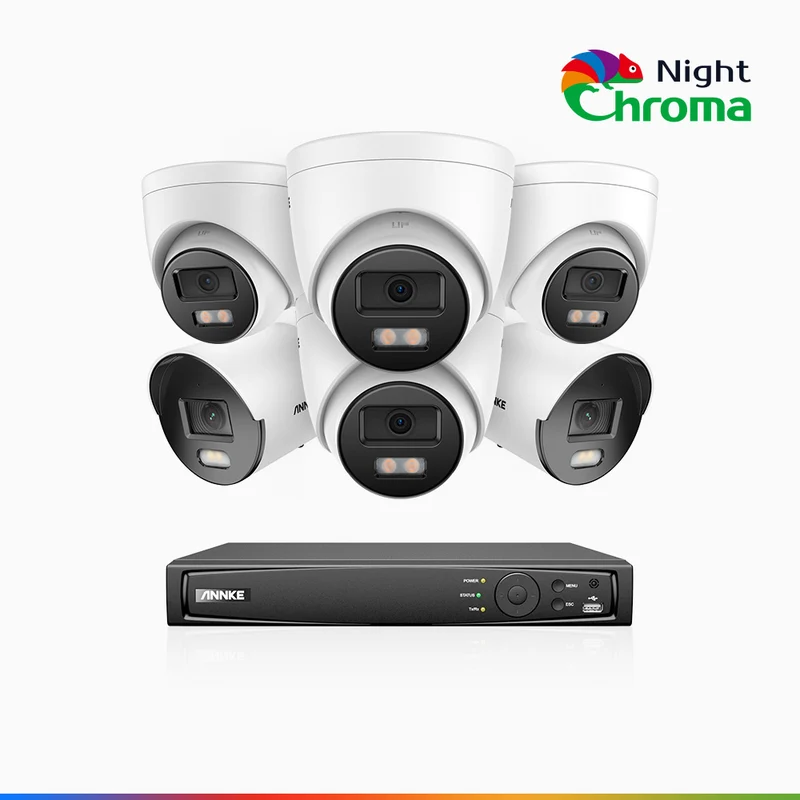 NightChroma TM NCK500 - Kit de surveillance PoE 3K à 8 canaux avec 2 caméras bullet et 4 caméras tourelle, vision nocturne polychrome, f/1.0 Super ouverture (0,001 Lux), Alignement actif, Microphone intégré, Fente pour carte SD