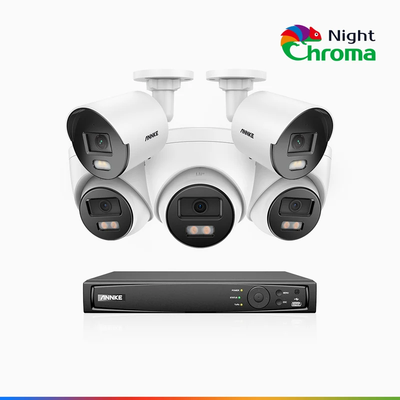 NightChroma TM NCK500 - Kit de surveillance PoE 3K à 8 canaux avec 2 caméras bullet et 3 caméras tourelle, vision nocturne polychrome, f/1.0 Super ouverture (0,001 Lux), Alignement actif, Microphone intégré, Fente pour carte SD