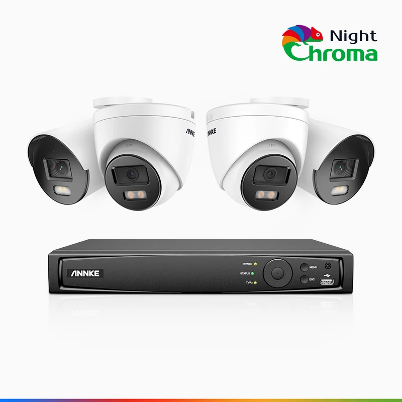 NightChroma TM NCK500 - Kit de surveillance PoE 3K à 8 canaux avec 2 caméras bullet et 2 caméras tourelle, vision nocturne polychrome, f/1.0 Super ouverture (0,001 Lux), Alignement actif, Microphone intégré, Fente pour carte SD