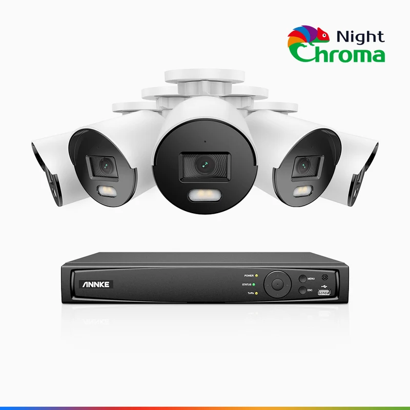 NightChroma TM NCK500 - Kit de surveillance PoE 3K à 8 canaux avec 5 caméras, vision nocturne polychrome, f/1.0 Super ouverture (0,001 Lux), Alignement actif, Microphone intégré, Fente pour carte SD