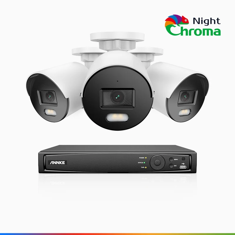 NightChroma TM NCK500 - Kit de surveillance PoE 3K à 8 canaux avec 3 caméras, vision nocturne polychrome, f/1.0 Super ouverture (0,001 Lux), Alignement actif, Microphone intégré, Fente pour carte SD