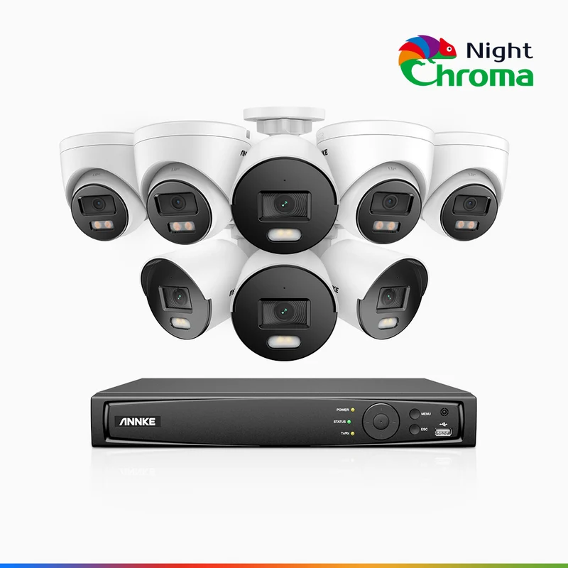 NightChroma TM NCK500 - Kit de surveillance PoE 3K à 16 canaux avec 4 caméras bullet et 4 caméras tourelle, vision nocturne polychrome, f/1.0 Super ouverture (0,001 Lux), Alignement actif, Microphone intégré, Fente pour carte SD