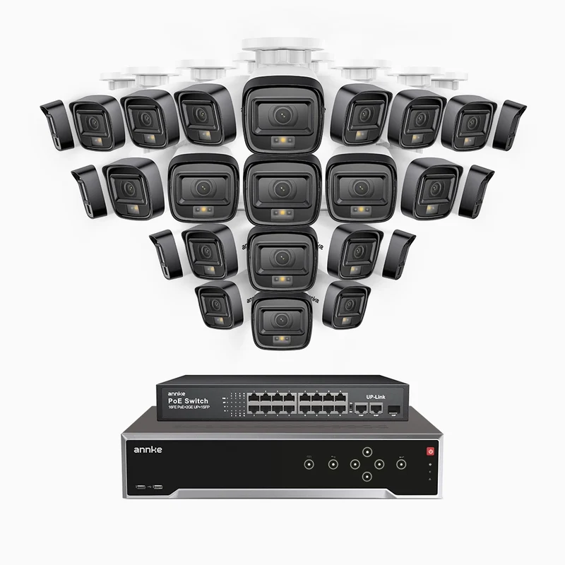 H500 - Kit de surveillance PoE 5MP à 32 canaux avec 24 caméras, Vision nocturne intelligente à double éclairage, 3072 × 1728 à 20 ips, détection intelligente des personnes et des véhicules, microphone intégré, IP67
