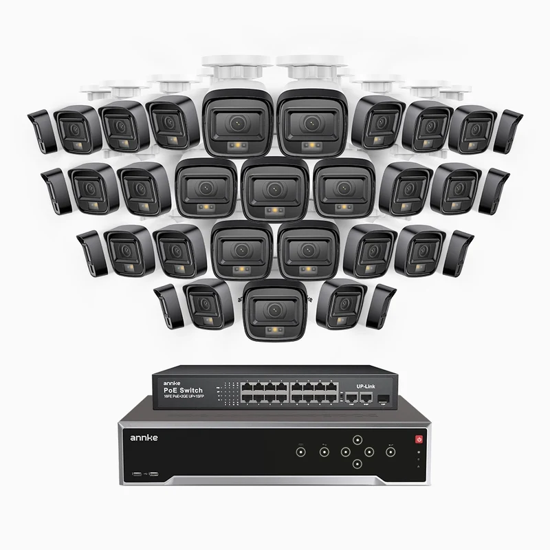 H500 - Kit de surveillance PoE 5MP à 32 canaux avec 32 caméras, Vision nocturne intelligente à double éclairage, 3072 × 1728 à 20 ips, détection intelligente des personnes et des véhicules, microphone intégré, IP67