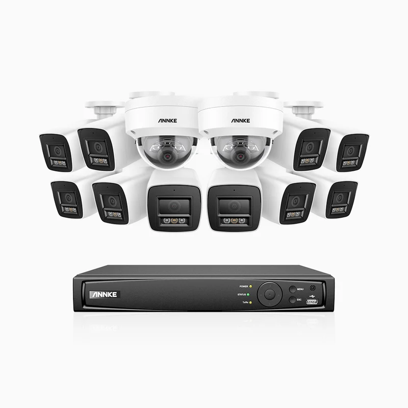 H800 - Kit de surveillance PoE 4K à 16 canaux avec 10 caméras bullet et 2 caméras dôme, anti-vandalisme IK10, vision nocturne en couleur et infrarouge, tection de personnes et de véhicules, Microphone intégré, RTSP et ONVIF pris en charge