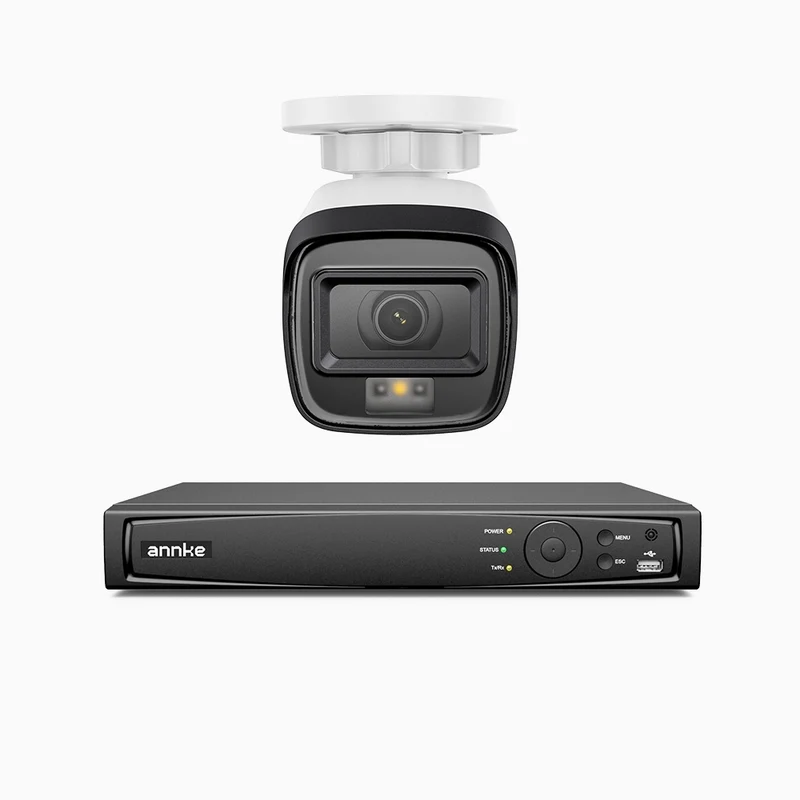 H500 - Kit de surveillance PoE 5MP à 4 canaux avec 1 caméra, Vision nocturne intelligente à double éclairage, 3072 × 1728 à 20 ips, détection intelligente des personnes et des véhicules, microphone intégré, IP67