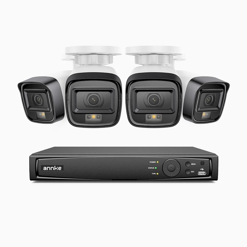 H500 - Kit de surveillance PoE 5MP à 4 canaux avec 4 caméras, Vision nocturne intelligente à double éclairage, 3072 × 1728 à 20 ips, détection intelligente des personnes et des véhicules, microphone intégré, IP67