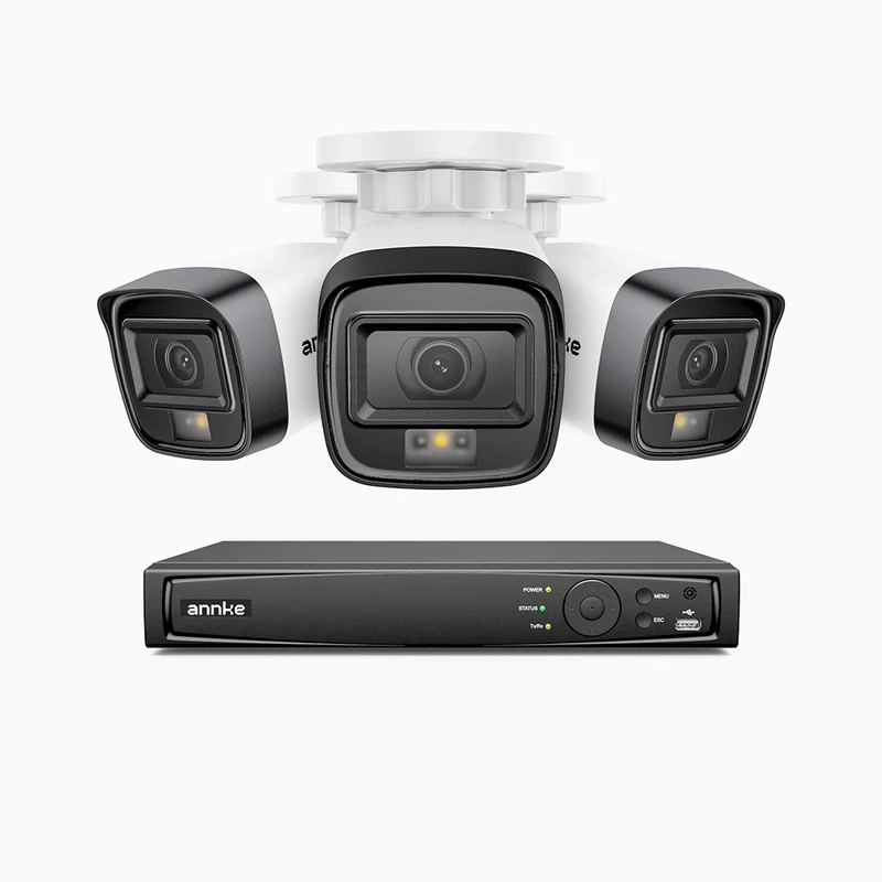 H500 - Kit de surveillance PoE 5MP à 4 canaux avec 3 caméras, Vision nocturne intelligente à double éclairage, 3072 × 1728 à 20 ips, détection intelligente des personnes et des véhicules, microphone intégré, IP67