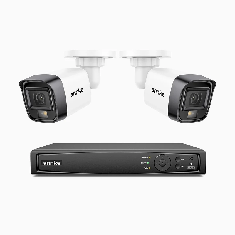 H500 - Kit de surveillance PoE 5MP à 4 canaux avec 2 caméras, Vision nocturne intelligente à double éclairage, 3072 × 1728 à 20 ips, détection intelligente des personnes et des véhicules, microphone intégré, IP67