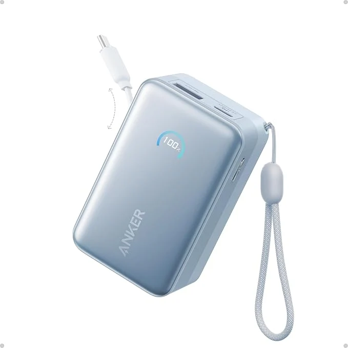 Anker Nano Power Bank, 10,000mAh Portable Charger with 2.3 ft InstaCord Retractable Cable, 45W Max Compact Battery Pack, Smart Display, for iPhone 16/17 Series, iPad, Galaxy, Pixel, and More (Blue)