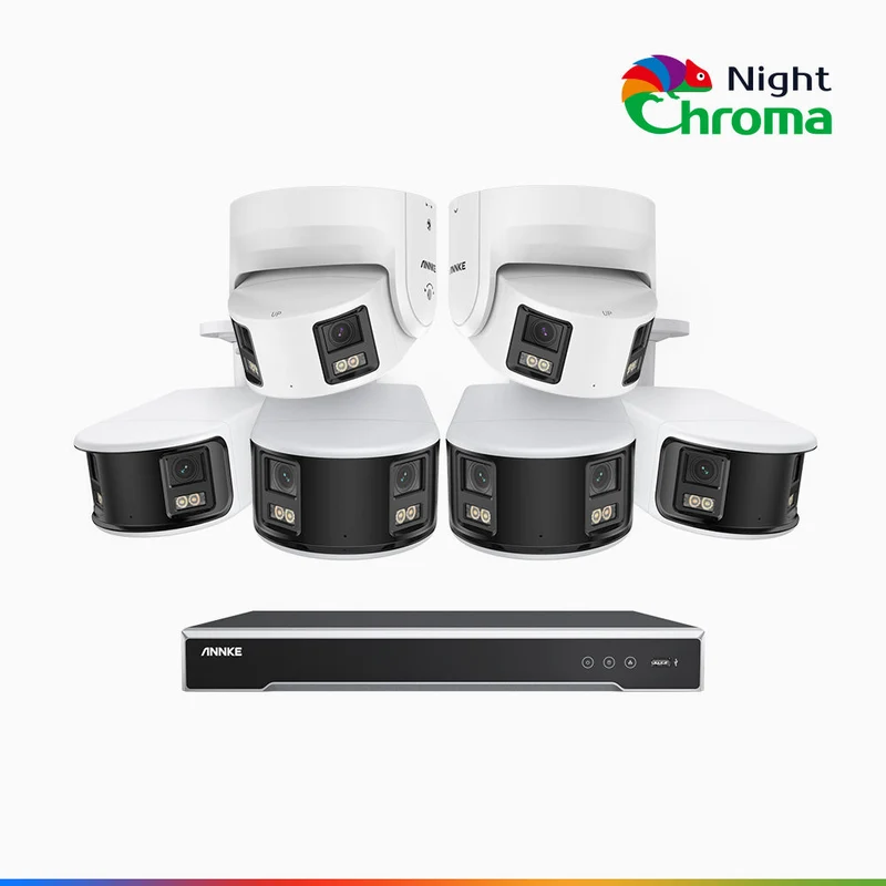 NightChroma TM NDK800 – Kit de surveillance PoE Dual Lens 4K à 8 canaux avec 4 caméras bullet et 2 caméras tourelle, f/1.0 Super Aperture, Acme Color Night Vision, Active Siren and Strobe, Human & Vehicle Detection, Built-in Micphone