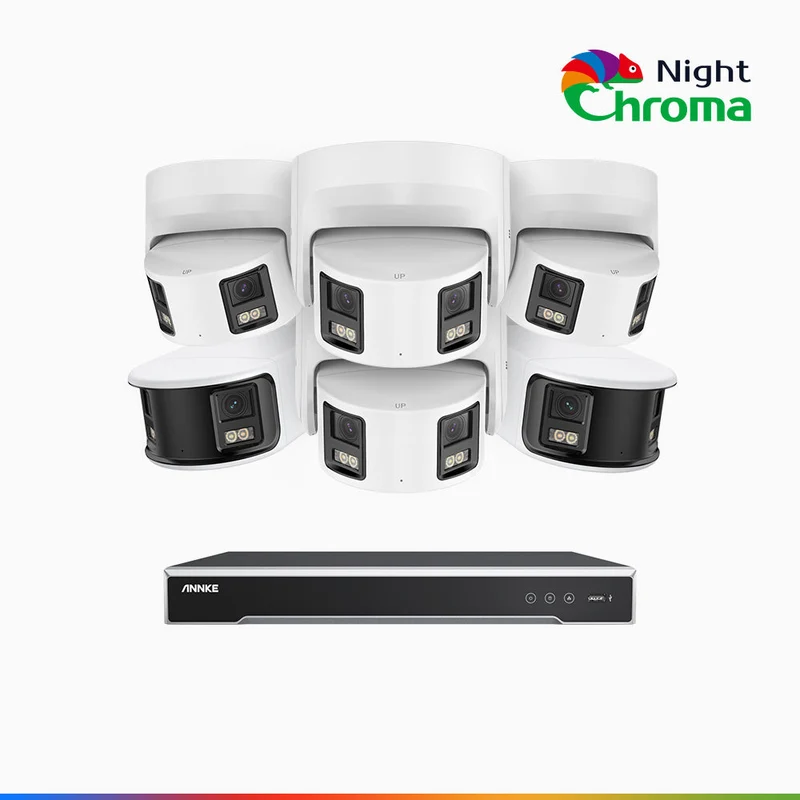 NightChroma TM NDK800 – Kit de surveillance PoE Dual Lens 4K à 8 canaux avec 2 caméras bullet et 4 caméras tourelle, f/1.0 Super Aperture, Acme Color Night Vision, Active Siren and Strobe, Human & Vehicle Detection, Built-in Micphone
