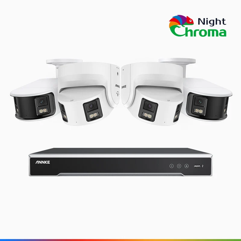 NightChroma TM NDK800 – Kit de surveillance PoE Dual Lens 4K à 8 canaux avec 2 caméras bullet et 2 caméras tourelle, f/1.0 Super Aperture, Acme Color Night Vision, Active Siren and Strobe, Human & Vehicle Detection, Built-in Micphone