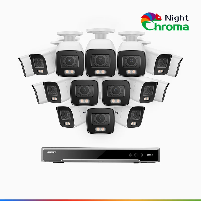 NightChroma TM NCK800 - Kit de surveillance PoE 4K à 16 canaux avec 16 caméras, Vision nocturne couleur ultime, super ouverture f/1.0 (0,0005 Lux), Détection Personne-Véhicule, Analyse comportementale intelligente, Microphone intégré