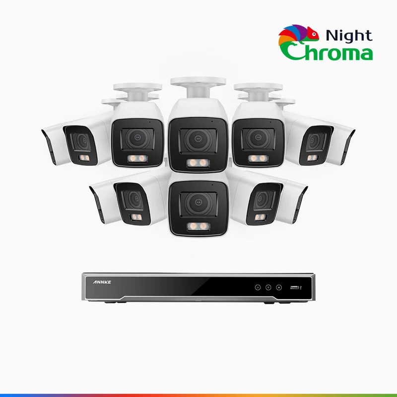 NightChroma TM NCK800 - Kit de surveillance PoE 4K à 16 canaux avec 12 caméras, Vision nocturne couleur ultime, super ouverture f/1.0 (0,0005 Lux), Détection Personne-Véhicule, Analyse comportementale intelligente, Microphone intégré