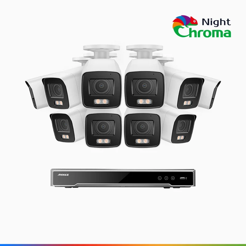 NightChroma TM NCK800 - Kit de surveillance PoE 4K à 16 canaux avec 10 caméras, Vision nocturne couleur ultime, super ouverture f/1.0 (0,0005 Lux), Détection Personne-Véhicule, Analyse comportementale intelligente, Microphone intégré