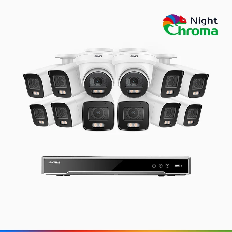 NightChroma TM NCK800 - Kit de surveillance PoE 4MP à 16 canaux avec 10 caméras bullet et 2 caméras tourelle, Vision nocturne couleur ultime, super ouverture f/1.0 (0,0005 Lux), Détection Personne-Véhicule, Analyse comportementale intelligente