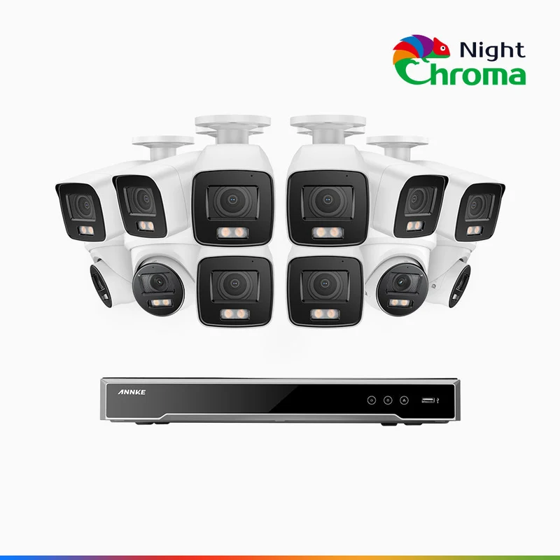 NightChroma TM NCK800 - Kit de surveillance PoE 4MP à 16 canaux avec 8 caméras bullet et 4 caméras tourelle, Vision nocturne couleur ultime, super ouverture f/1.0 (0,0005 Lux), Détection Personne-Véhicule, Analyse comportementale intelligente