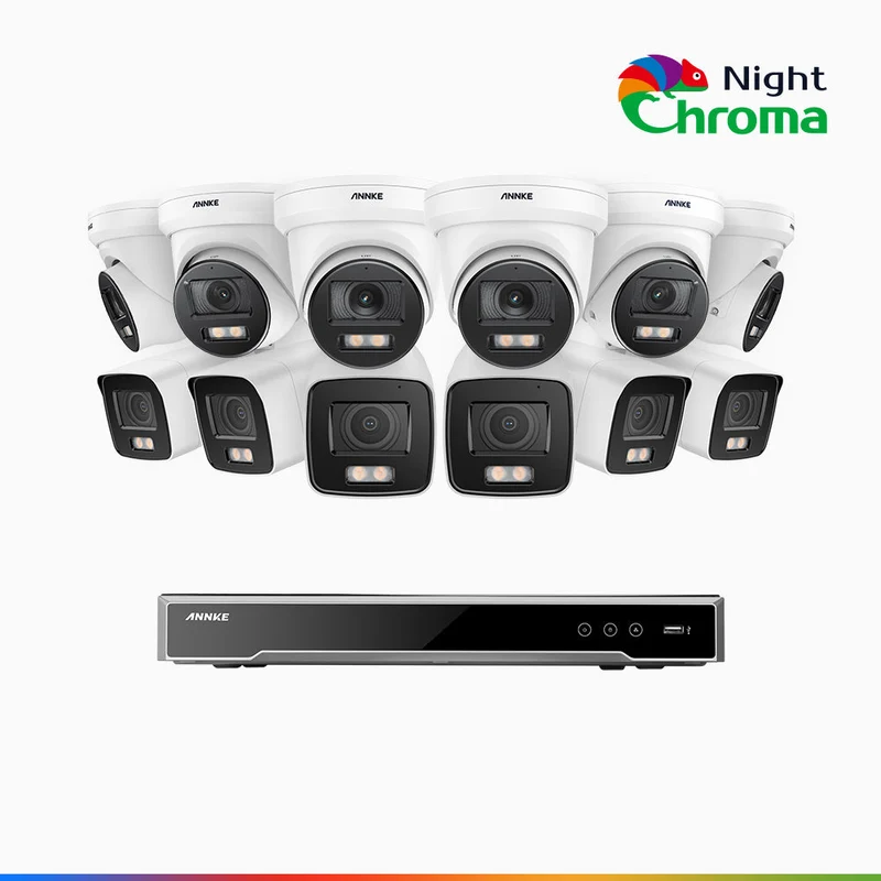 NightChroma TM NCK800 - Kit de surveillance PoE 4MP à 16 canaux avec 6 caméras bullet et 6 caméras tourelle, Vision nocturne couleur ultime, super ouverture f/1.0 (0,0005 Lux), Détection Personne-Véhicule, Analyse comportementale intelligente