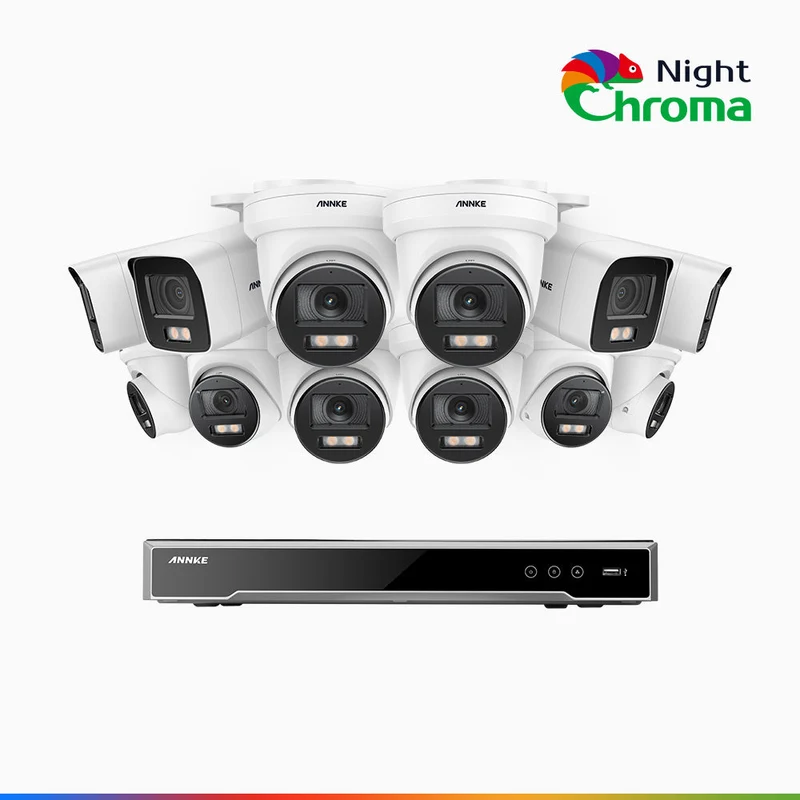 NightChroma TM NCK800 - Kit de surveillance PoE 4MP à 16 canaux avec 4 caméras bullet et 8 caméras tourelle, Vision nocturne couleur ultime, super ouverture f/1.0 (0,0005 Lux), Détection Personne-Véhicule, Analyse comportementale intelligente