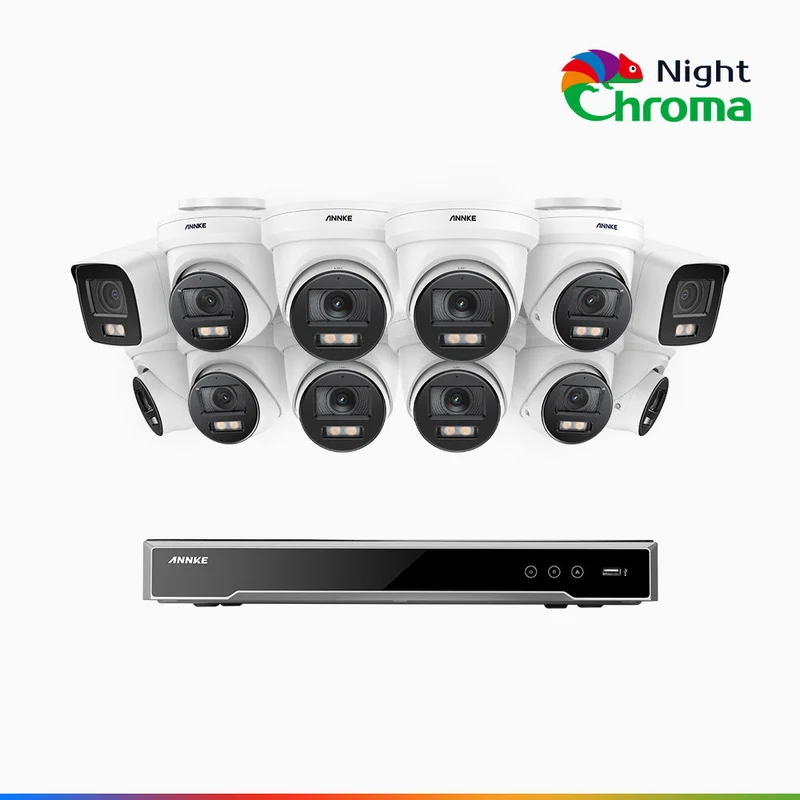 NightChroma TM NCK800 - Kit de surveillance PoE 4MP à 16 canaux avec 2 caméras bullet et 10 caméras tourelle, Vision nocturne couleur ultime, super ouverture f/1.0 (0,0005 Lux), Détection Personne-Véhicule, Analyse comportementale intelligente
