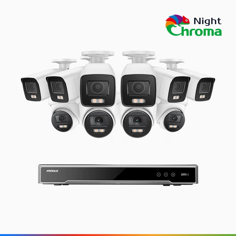 NightChroma TM NCK800 - Kit de surveillance PoE 4MP à 16 canaux avec 6 caméras bullet et 4 caméras tourelle, Vision nocturne couleur ultime, super ouverture f/1.0 (0,0005 Lux), Détection Personne-Véhicule, Analyse comportementale intelligente