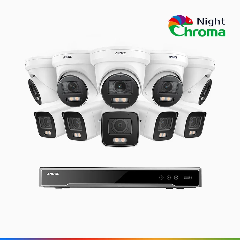 NightChroma TM NCK800 - Kit de surveillance PoE 4MP à 16 canaux avec 5 caméras bullet et 5 caméras tourelle, Vision nocturne couleur ultime, super ouverture f/1.0 (0,0005 Lux), Détection Personne-Véhicule, Analyse comportementale intelligente