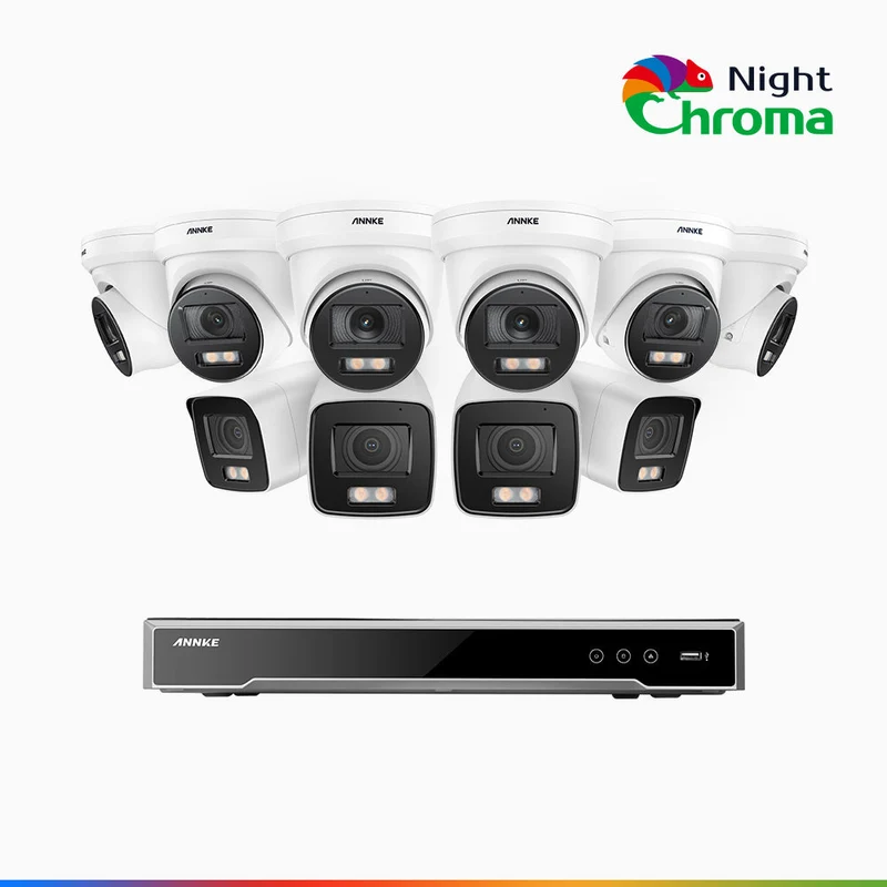 NightChroma TM NCK800 - Kit de surveillance PoE 4MP à 16 canaux avec 4 caméras bullet et 6 caméras tourelle, Vision nocturne couleur ultime, super ouverture f/1.0 (0,0005 Lux), Détection Personne-Véhicule, Analyse comportementale intelligente