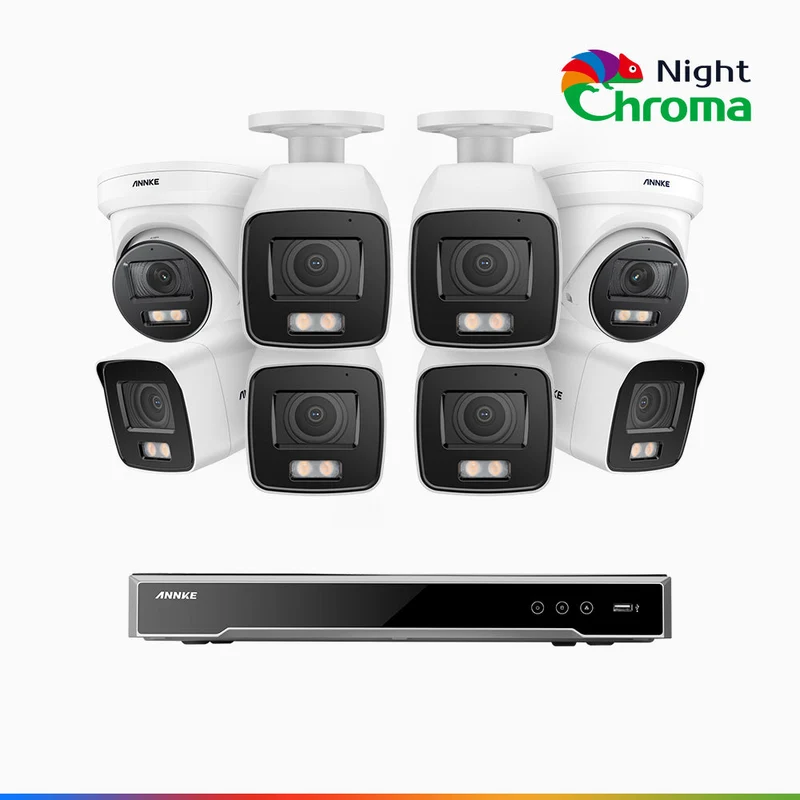 NightChroma TM NCK800 - Kit de surveillance PoE 4MP à 16 canaux avec 6 caméras bullet et 2 caméras tourelle, Vision nocturne couleur ultime, super ouverture f/1.0 (0,0005 Lux), Détection Personne-Véhicule, Analyse comportementale intelligente