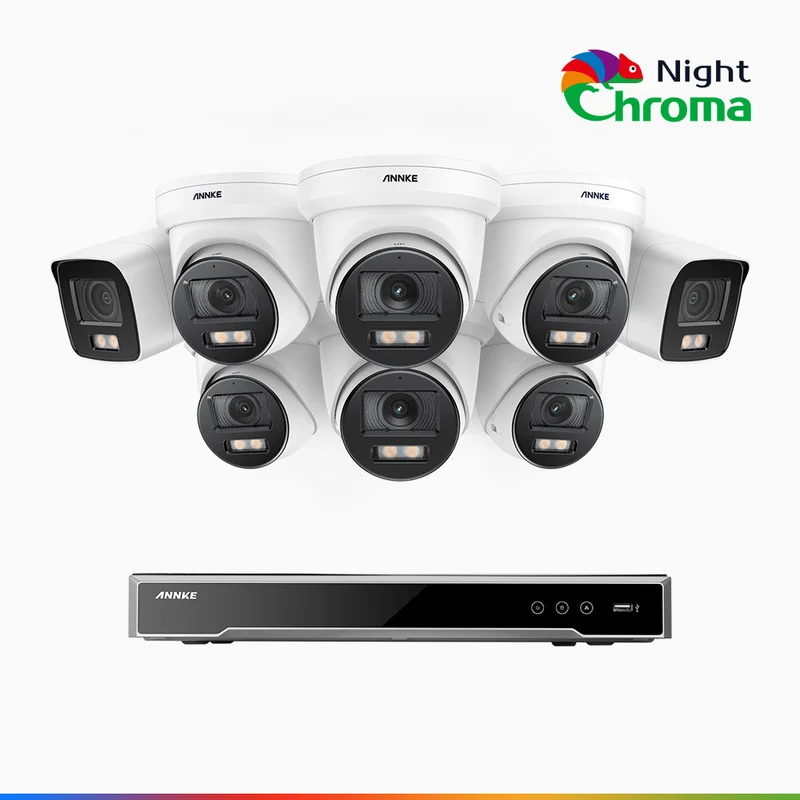 NightChroma TM NCK800 - Kit de surveillance PoE 4MP à 16 canaux avec 2 caméras bullet et 6 caméras tourelle, Vision nocturne couleur ultime, super ouverture f/1.0 (0,0005 Lux), Détection Personne-Véhicule, Analyse comportementale intelligente