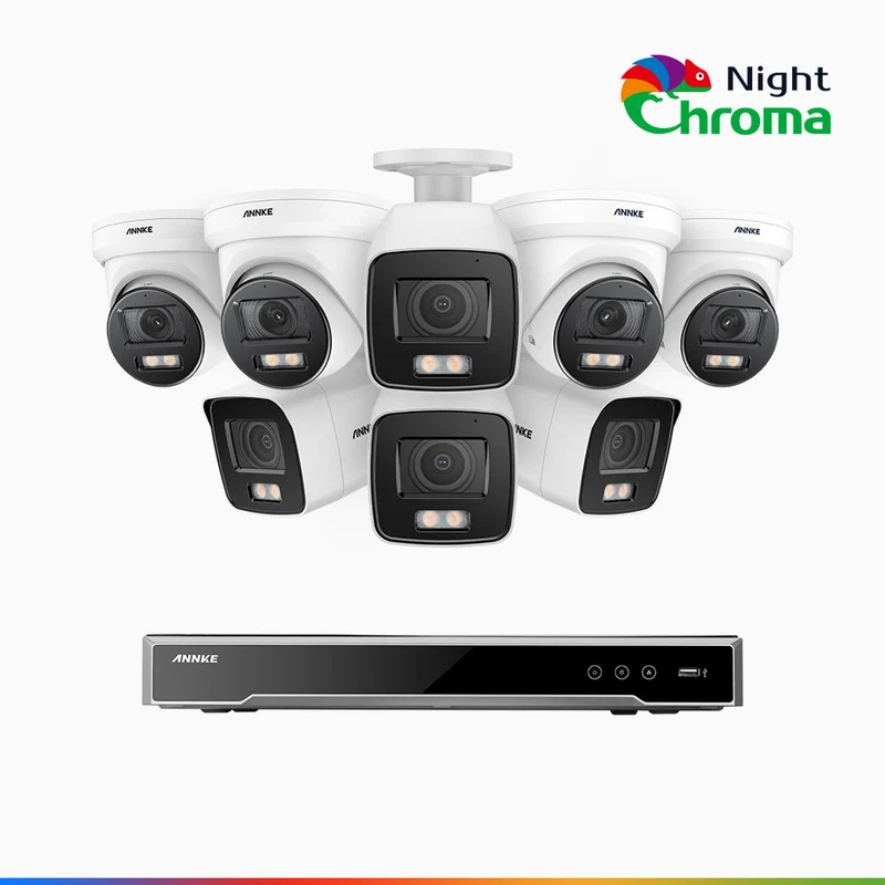 NightChroma TM NCK800 - Kit de surveillance PoE 4MP à 16 canaux avec 4 caméras bullet et 4 caméras tourelle, Vision nocturne couleur ultime, super ouverture f/1.0 (0,0005 Lux), Détection Personne-Véhicule, Analyse comportementale intelligente