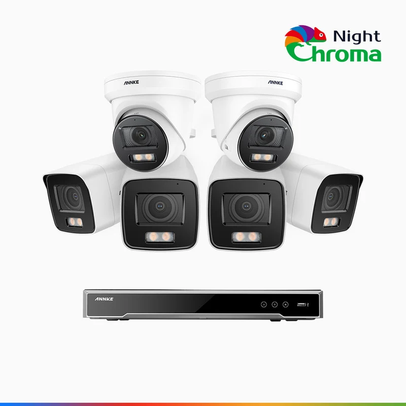 NightChroma TM NCK800 - Kit de surveillance PoE 4MP à 16 canaux avec 4 caméras bullet et 2 caméras tourelle, Vision nocturne couleur ultime, super ouverture f/1.0 (0,0005 Lux), Détection Personne-Véhicule, Analyse comportementale intelligente